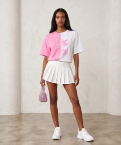 Pembe - Beyaz Kısa Kollu T-Shirt